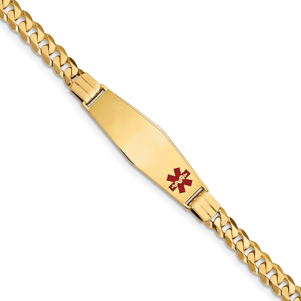 8 Inch Medical Soft Diamond Shape Red Enamel Curb Link ID Bracelet 14k Gold XM581FC-8