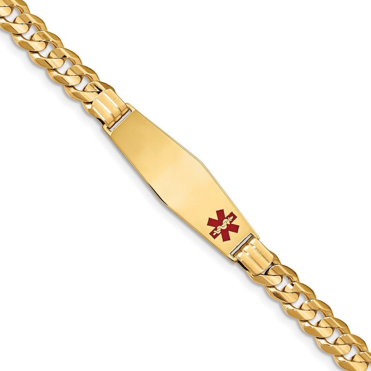 8 Inch Medical Soft Diamond Shape Red Enamel Curb ID Bracelet 14k Gold XM583FC-8