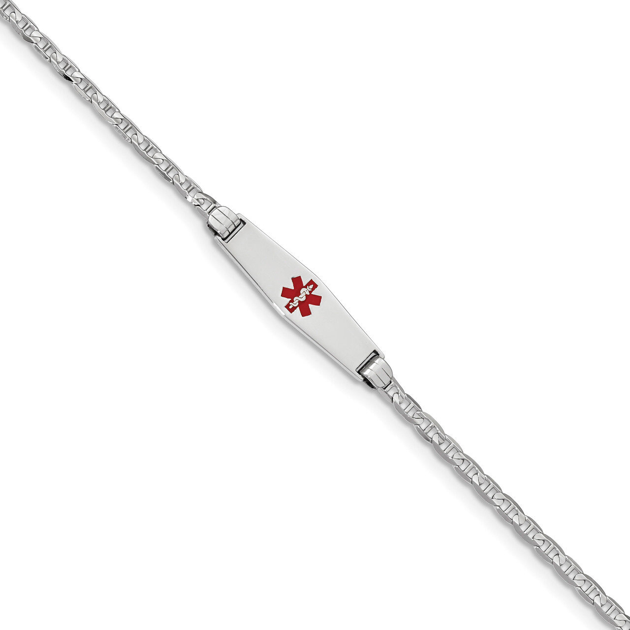 8 Inch Medical Soft Diamond Shape Red Enamel Anchor Link ID Bracelet 14k white Gold XM588CCW-8