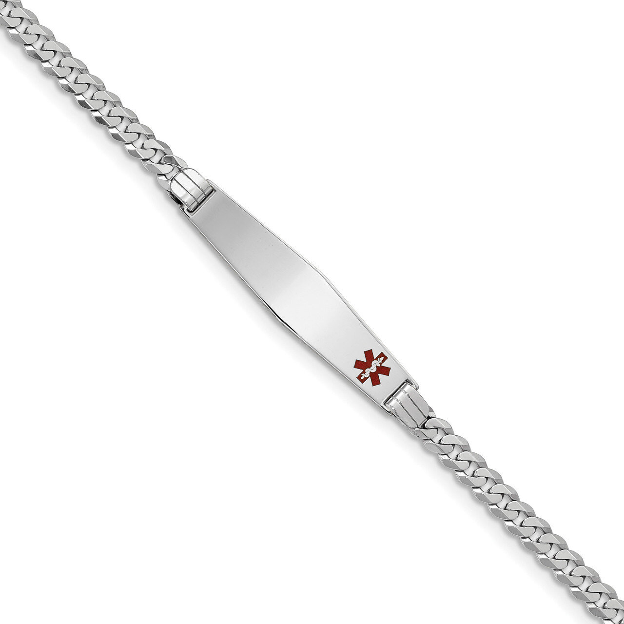 7 Inch Medical Soft Diamond Shape Red Enamel Flat Curb Link ID Bracelet 14k white Gold XM591FCW-7