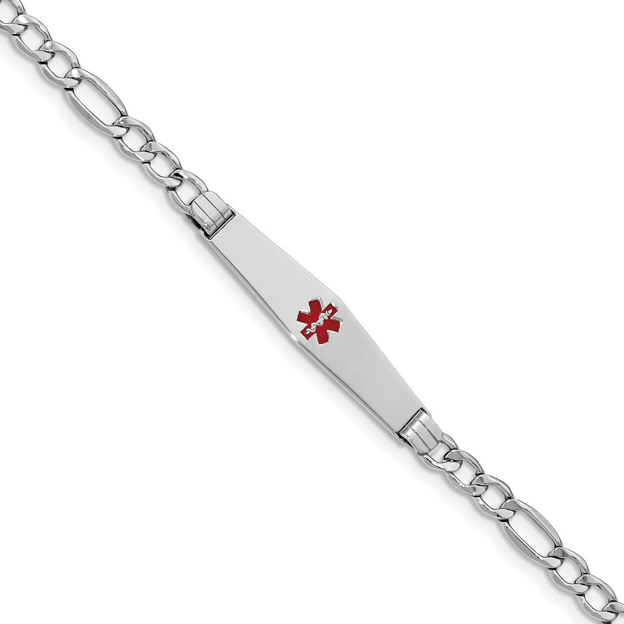 Medical Soft Diamond Shape Red Enamel ID w Semi-Solid Figaro Bracel 14k white Gold XM592CCW-7