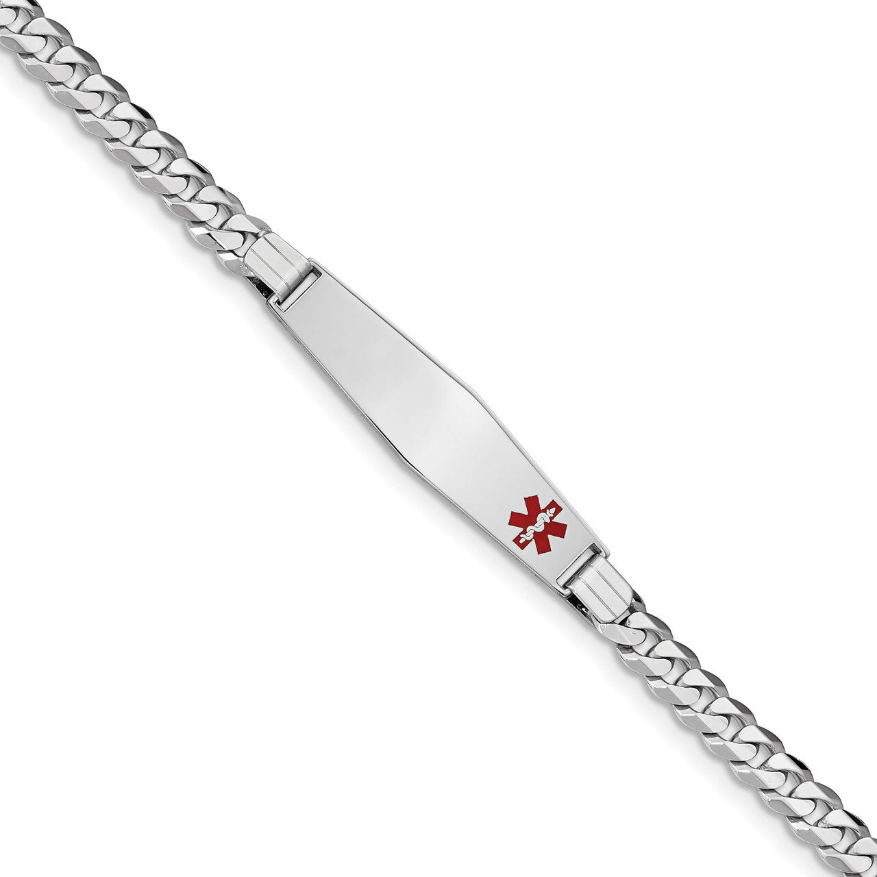 8 Inch Medical Soft Diamond Shape Red Enamel Flat Curb Link ID Bracelet 14k white Gold XM595FCW-8