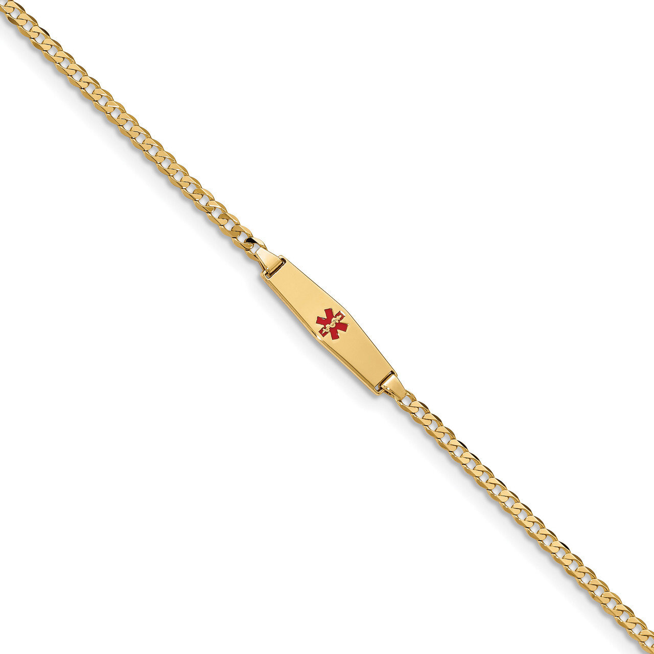 8 Inch Medical Soft Diamond Shape Red Enamel Curb Link ID Bracelet 14k Gold XM596CC-8