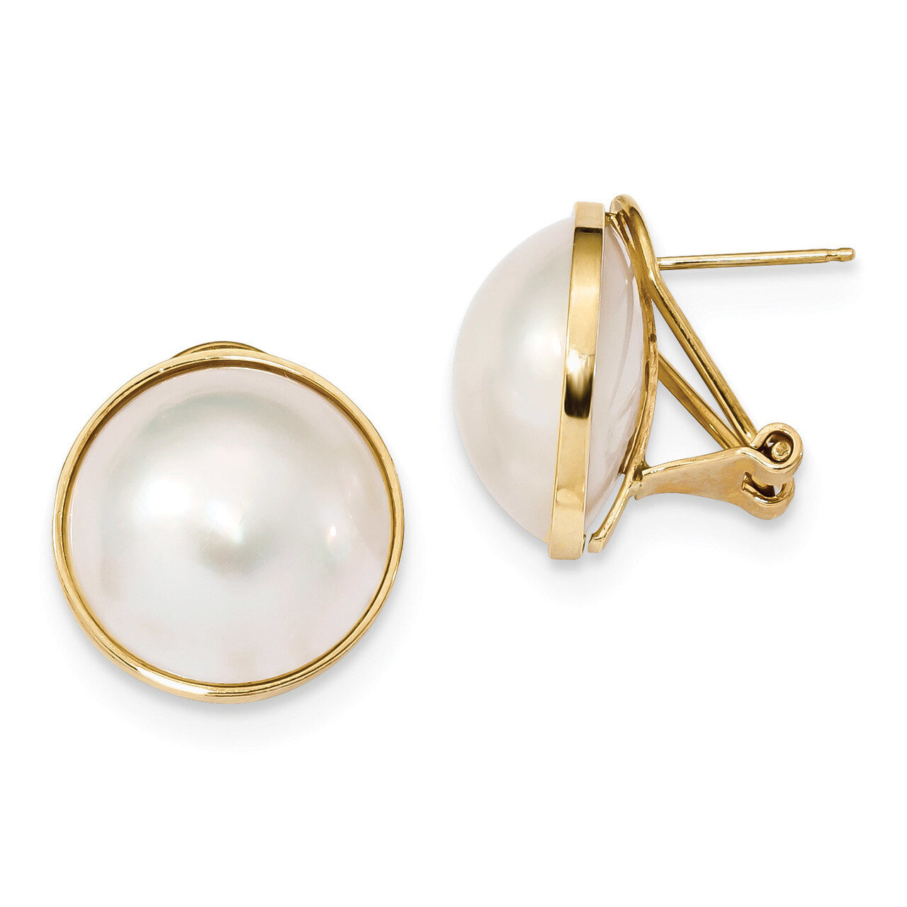 14-15mm White Mabe Freshwater Cultured Pearl Omega Back Earrings 14k Gold XMP98