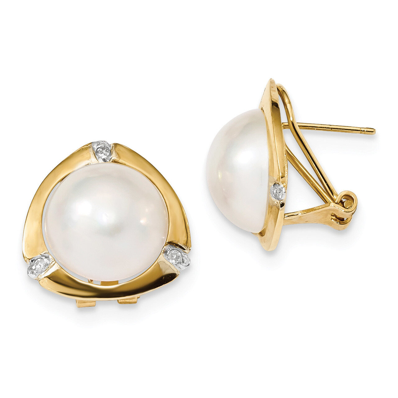 12-13mm White Mabe Fresh WaterC Pearl .06ct Diamond Omega Back Earrings 14k Gold XMP99, MPN: XMP99,…