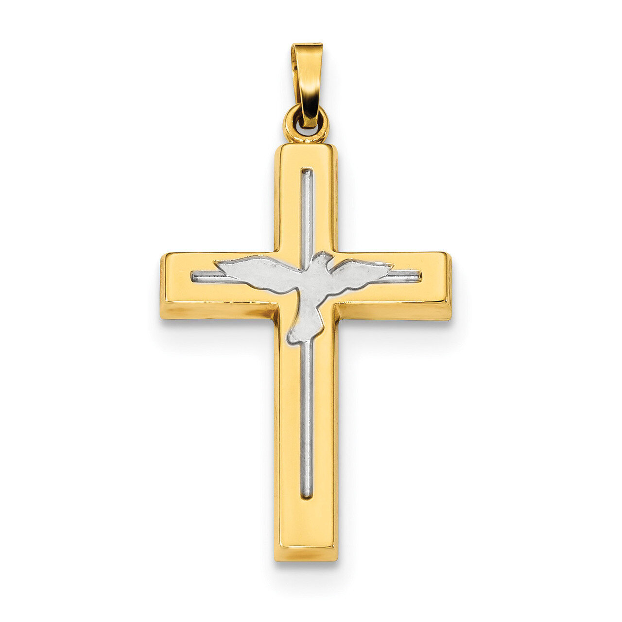 Polished & Satin Cross with Dove Pendant 14k Gold & Rhodium XR1625