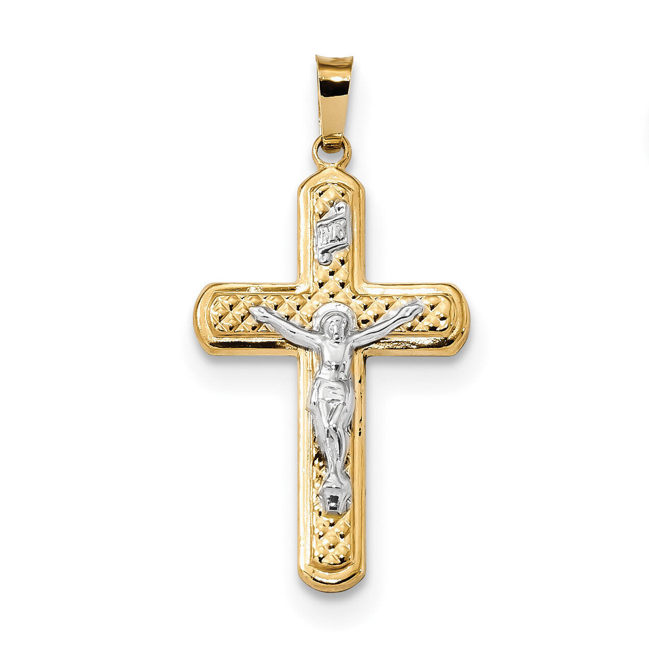 Polished and Textured INRI Crucifix Pendant 14k Two-Tone Gold XR1650