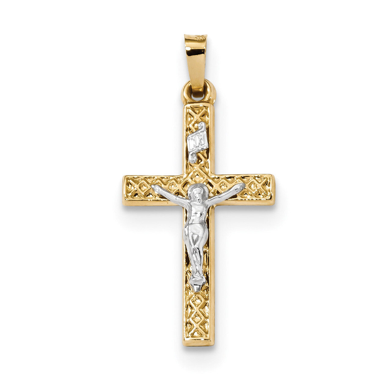 Polished Lattice Textured INRI Crucifix Pendant 14k Two-Tone Gold XR1666, MPN: XR1666, 883957829852