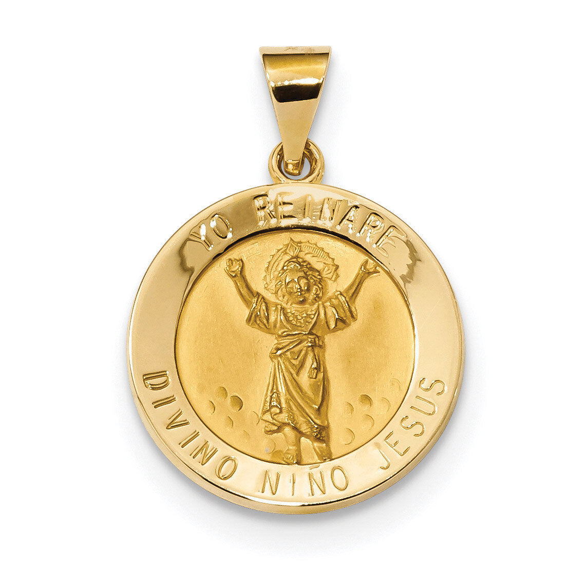 Satin Hollow Divino Nino Round Medal Pendant 14k Gold Polished XR1669