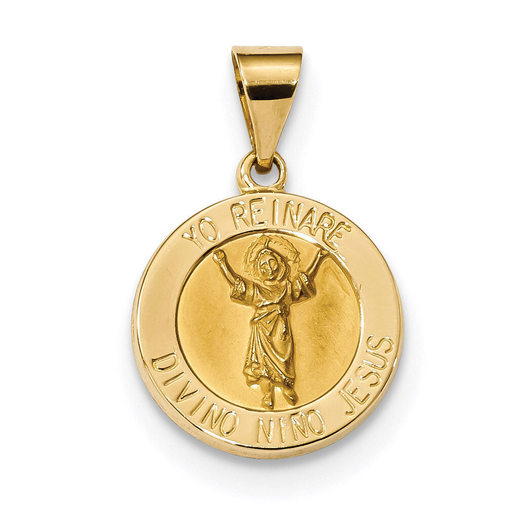 Satin Hollow Divino Nino Round Medal Pendant 14k Gold Polished XR1670