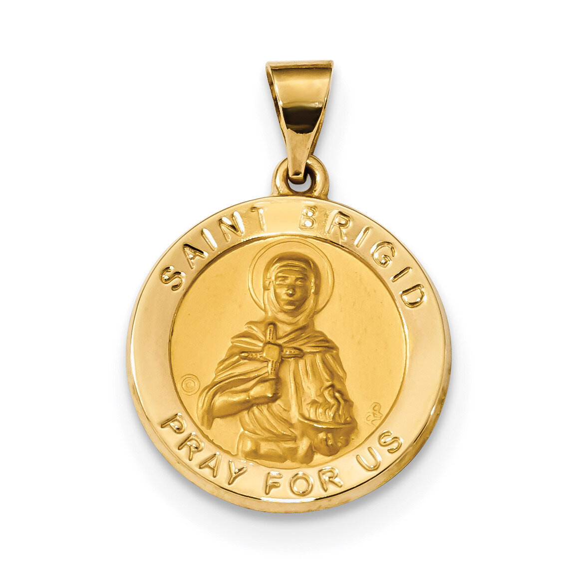 Satin Saint Brigid Hollow Medal Pendant 14k Gold Polished XR1681