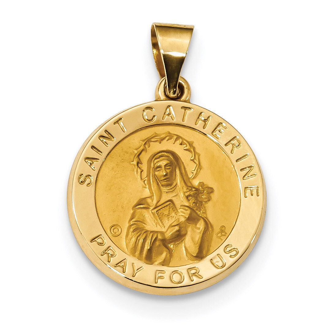 Satin Saint Catherine Hollow Medal Pendant 14k Gold Polished XR1682