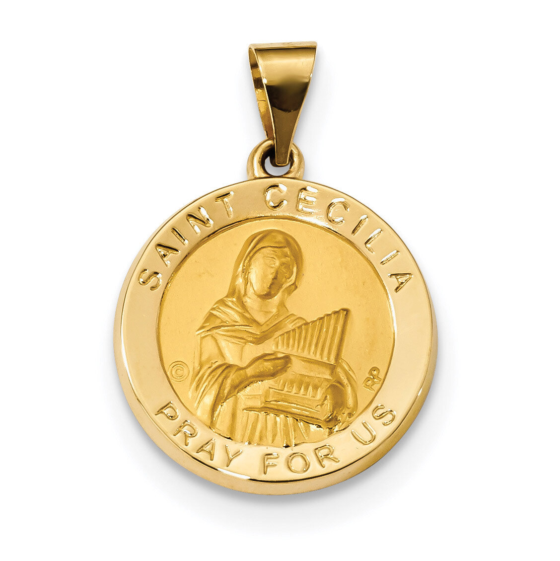 Satin Saint Cecilia Hollow Medal Pendant 14k Gold Polished XR1683