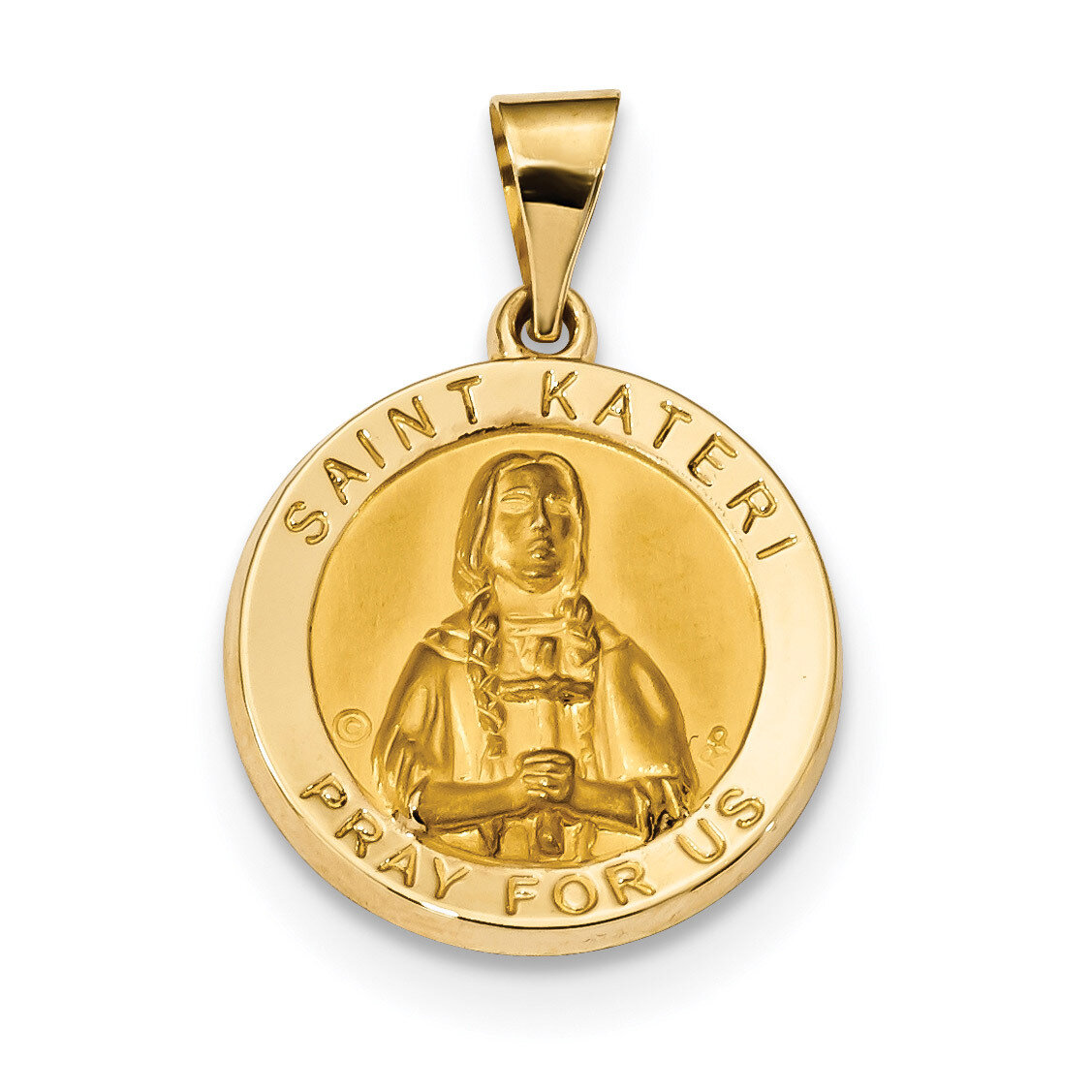 Satin Saint Kateri Hollow Medal Pendant 14k Gold Polished XR1691