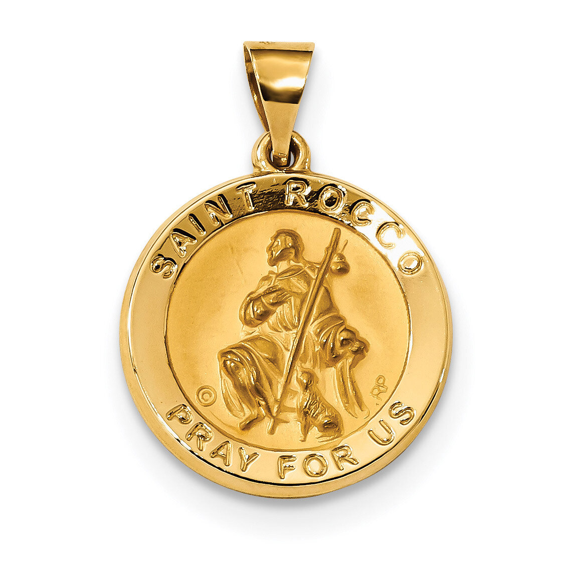 Satin Saint Rocco Hollow Medal Pendant 14k Gold Polished XR1695