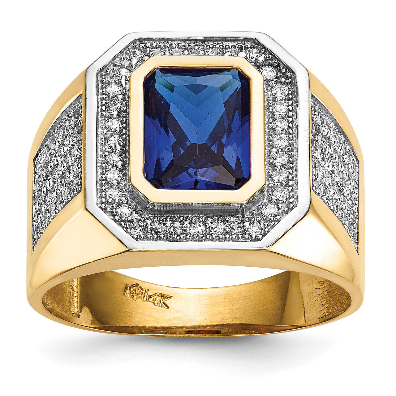 CZ Diamond &amp; Emerald-cut Blue CZ Diamond Mens Ring 14k Gold &amp; Rhodium Y13807