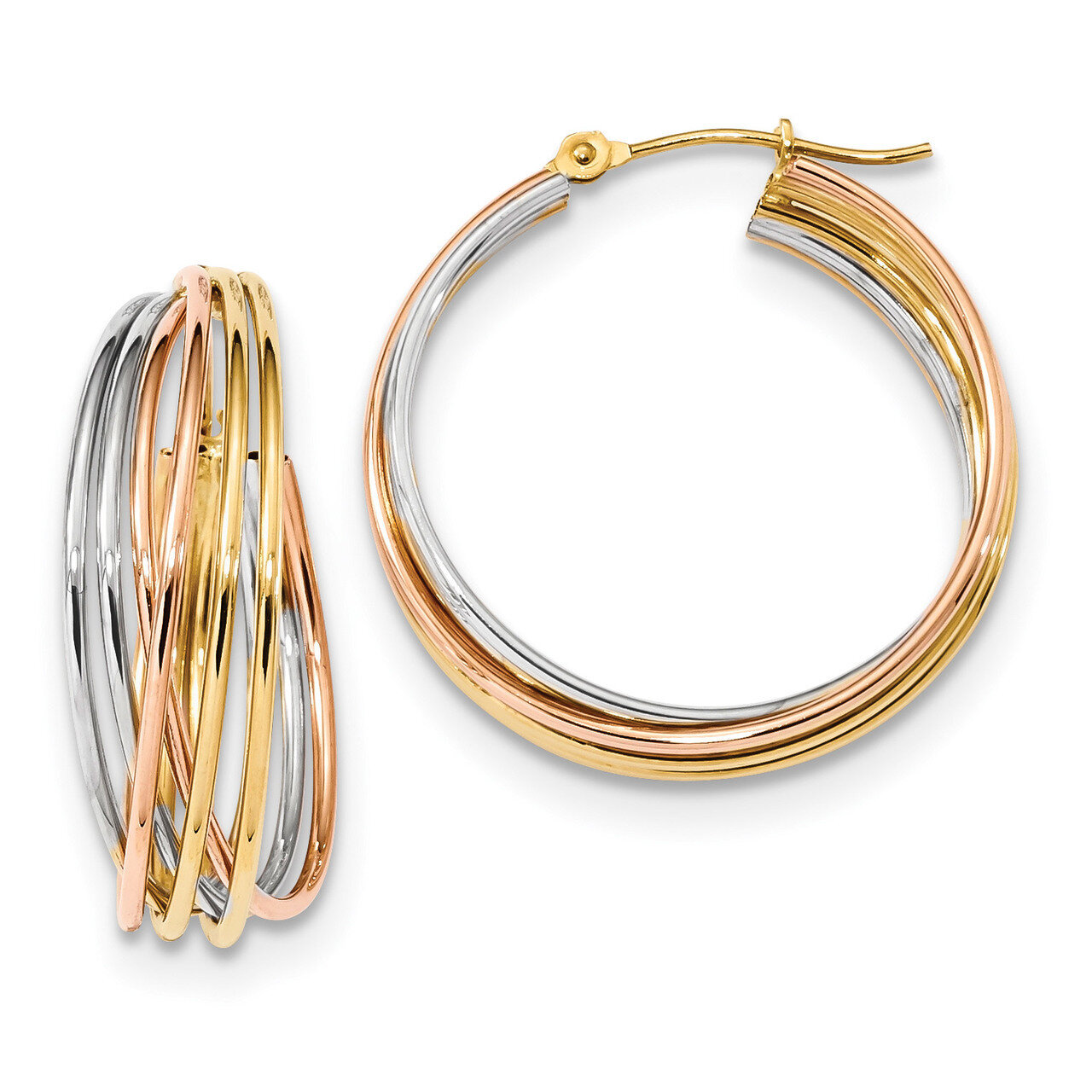 Fancy Hollow Tube Hoops Earrings 14k Tri-Color Gold YE1777