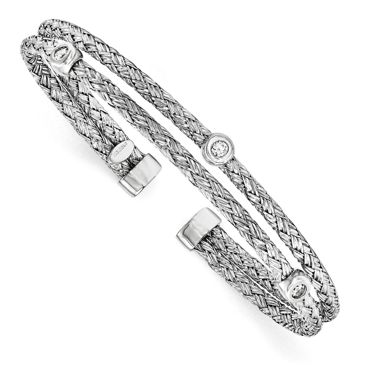 Double Strand CZ Diamond Cuff Bangle Sterling Silver Polished QB977, MPN: QB977, 191101768040