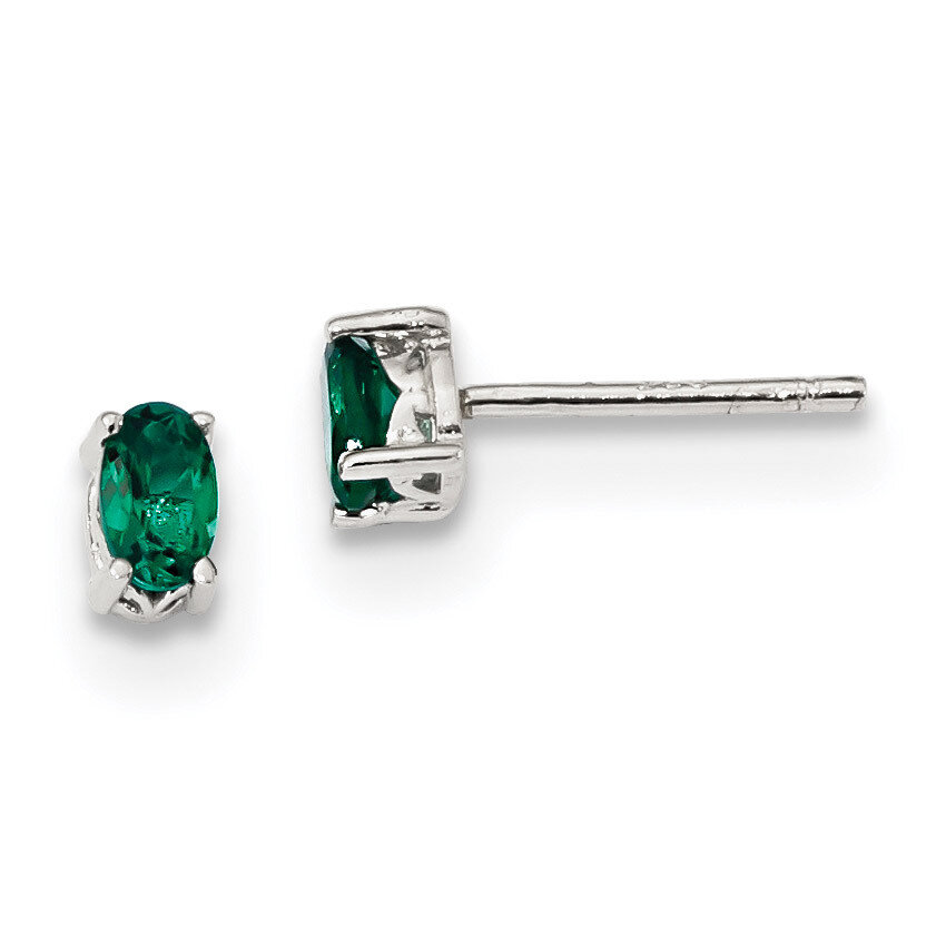 5x3mm Oval Created Emerald Post Earrings Sterling Silver Rhodium-plated QBE29MAY