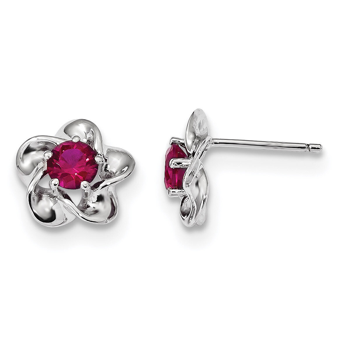 Floral Created Ruby Post Earrings Sterling Silver Rhodium-plated QBE31JUL, MPN: QBE31JUL, 191101077…