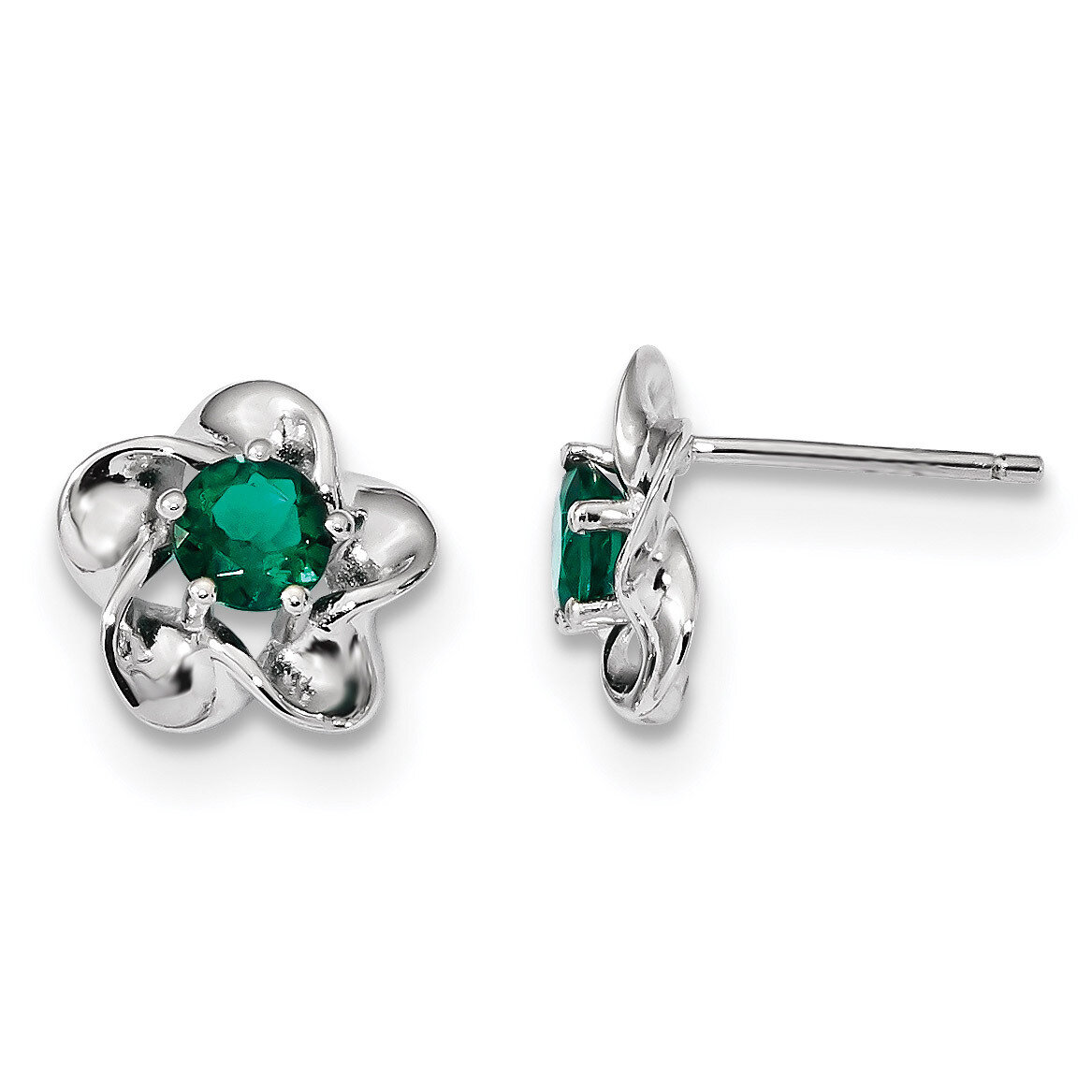 Floral Created Emerald Post Earrings Sterling Silver Rhodium-plated QBE31MAY, MPN: QBE31MAY, 191101…