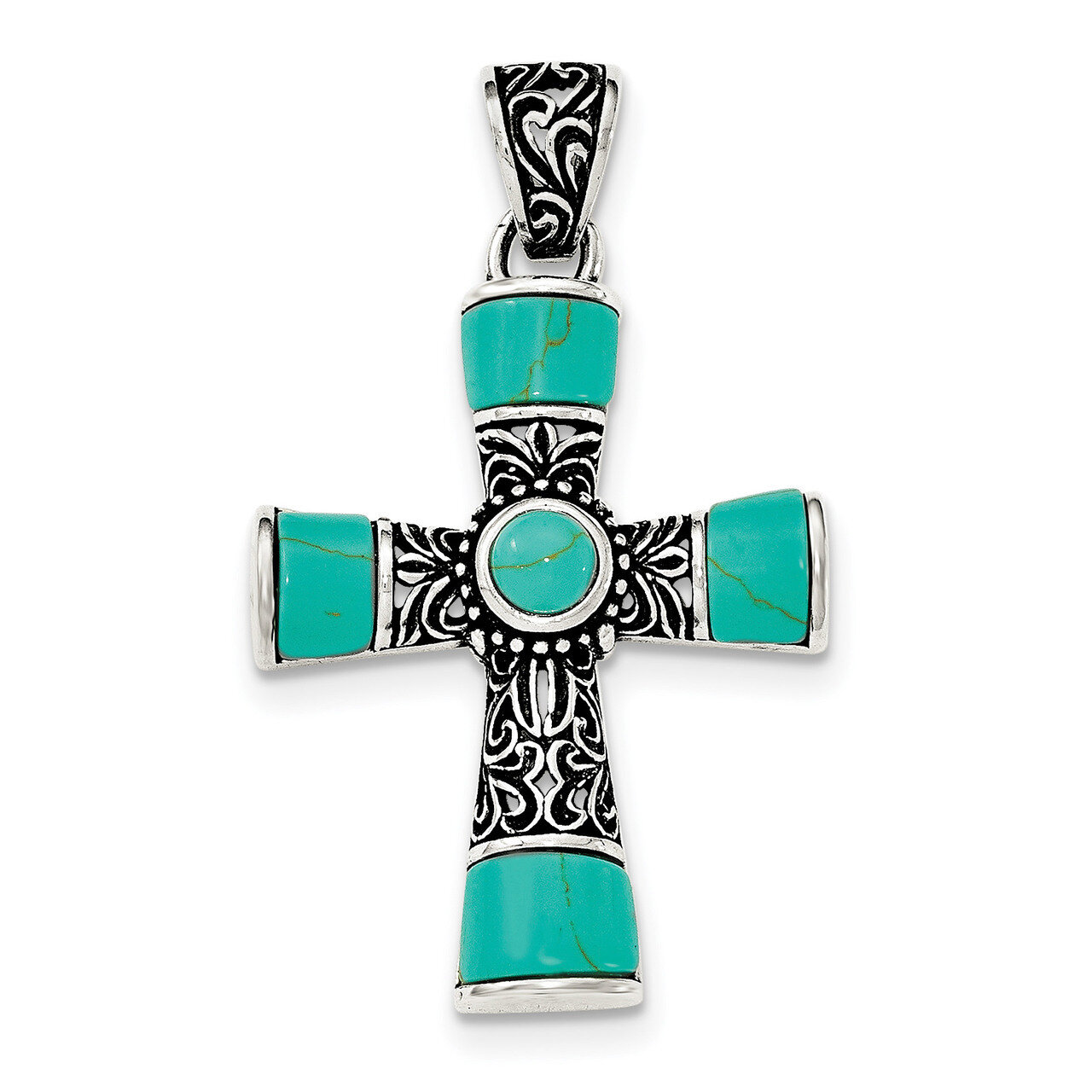 Synthetic Turquoise Antiqued Cross Pendant Sterling Silver QC8145