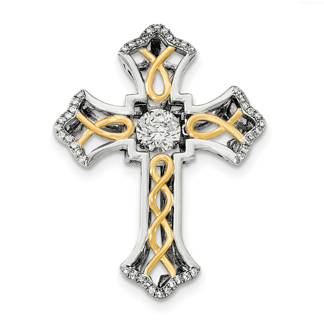 Plshed Gold-plated Vibrant CZ Diamond Cross Pendant Sterling Silver Platinum-plated QC8166, MPN: QC…
