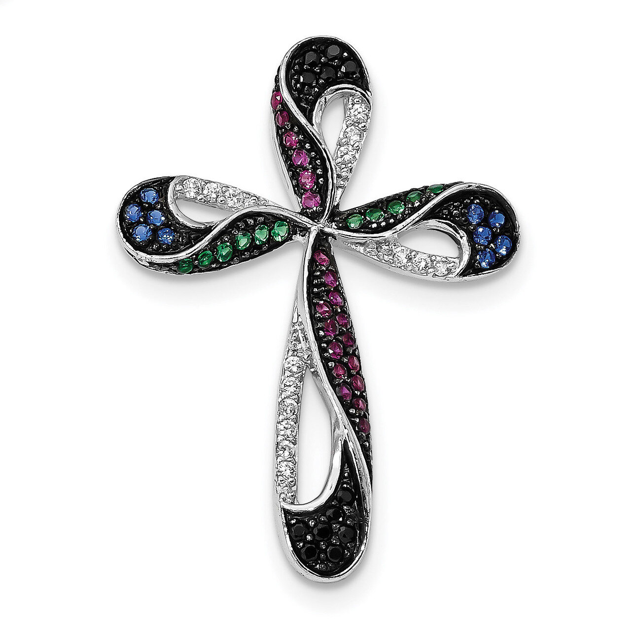 Multi-Stones &amp; CZ Diamond Cross Chain Slide Sterling Silver Rhodium-plated QC8199, MPN: QC8199,