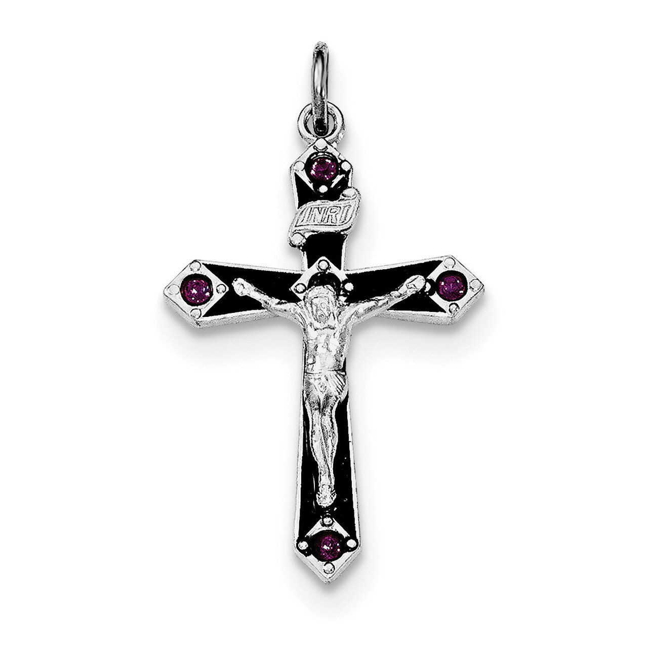 Black Epxy Purple CZ Diamond INRI Cross Pendant Sterling Silver Rhodium-plated QC8299, MPN: QC8299,…