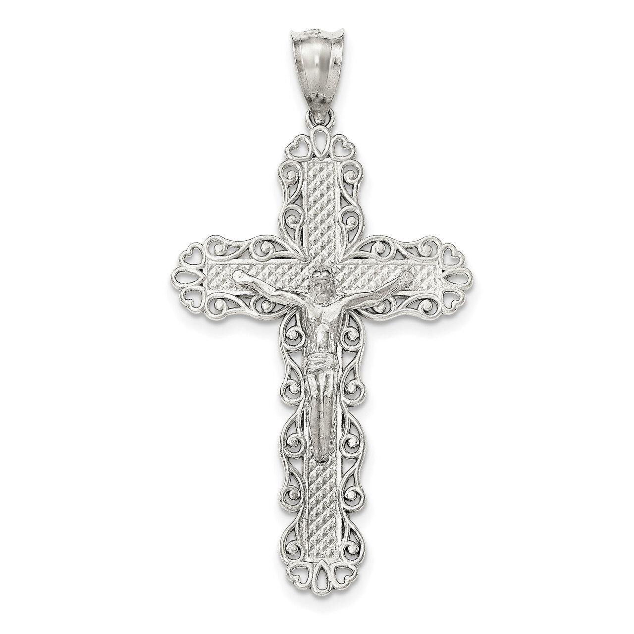 Textured Large Floral Cross with Jesus Pendant Sterling Silver Polished QC8324