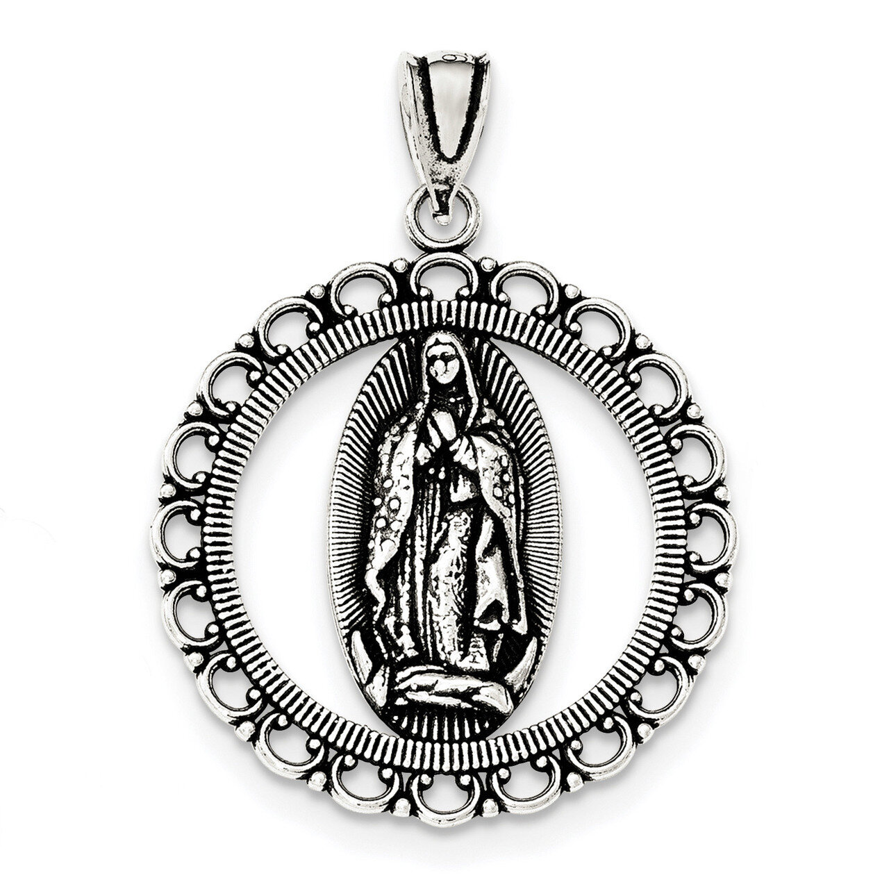 Religious Ruffled Circle Pendant Sterling Silver Antiqued QC8371
