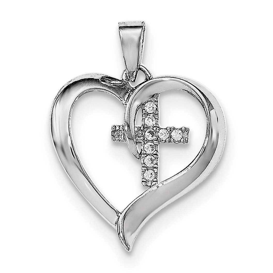 Heart with CZ Diamond Cross Pendant Sterling Silver Rhodium-plated QC8486