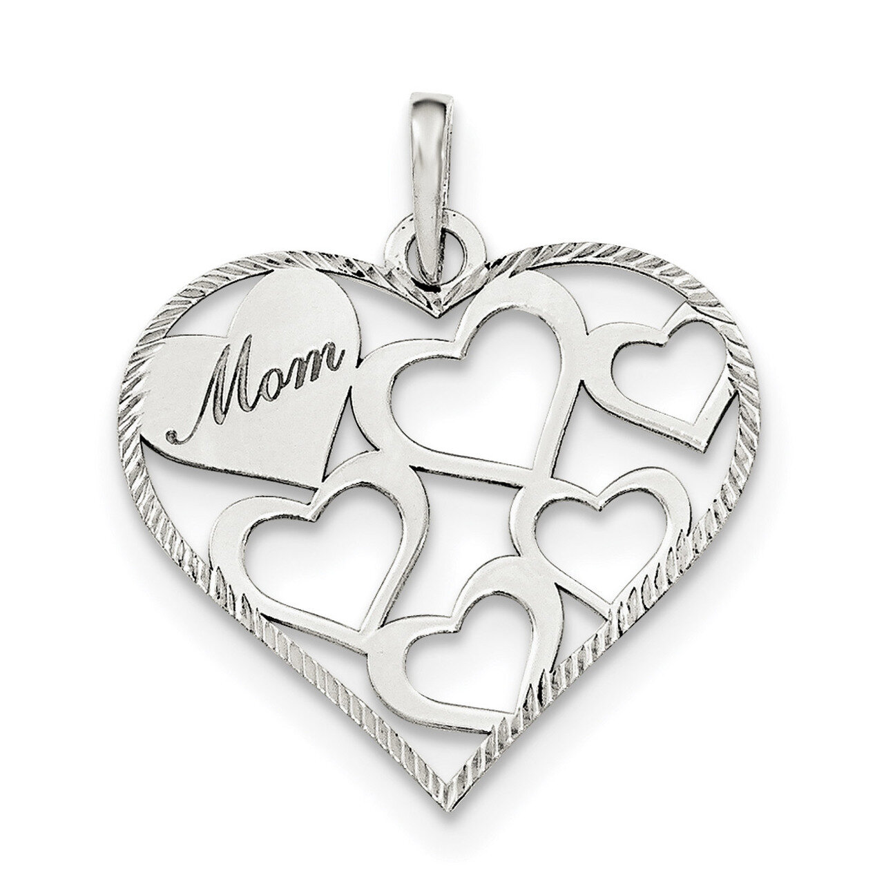 Textured 'Mom' Engraved Heart Pendant Sterling Silver Polished QC8502