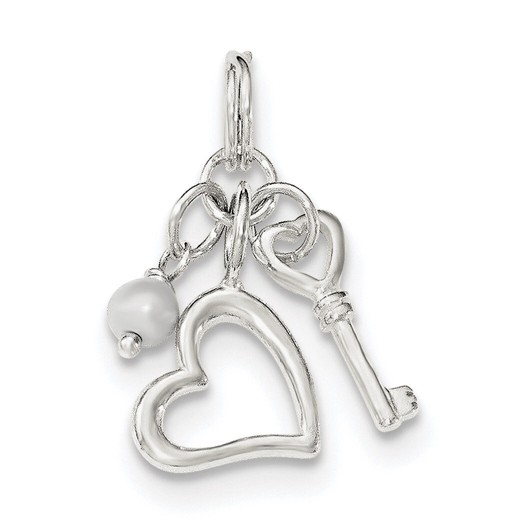 Key and Heart with Simulated Pearl Charm Sterling Silver Polished QC8507, MPN: QC8507, 196904089439