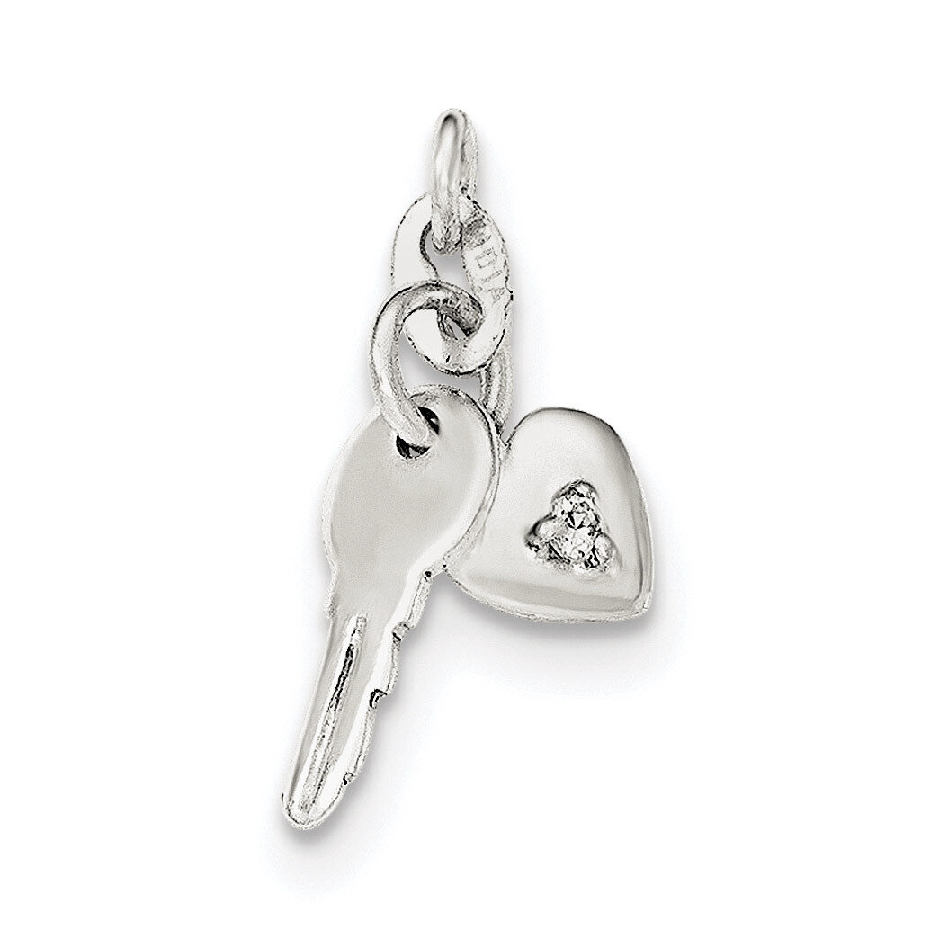 CZ Diamond Heart and Key Charm Sterling Silver Polished QC8511, MPN: QC8511, 191101367724