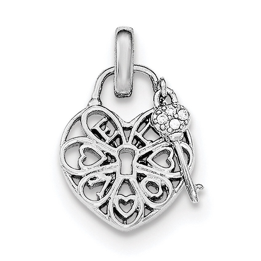 Heart Lock & Key with CZ Diamond Pendant Sterling Silver Rhodium-plated QC8514