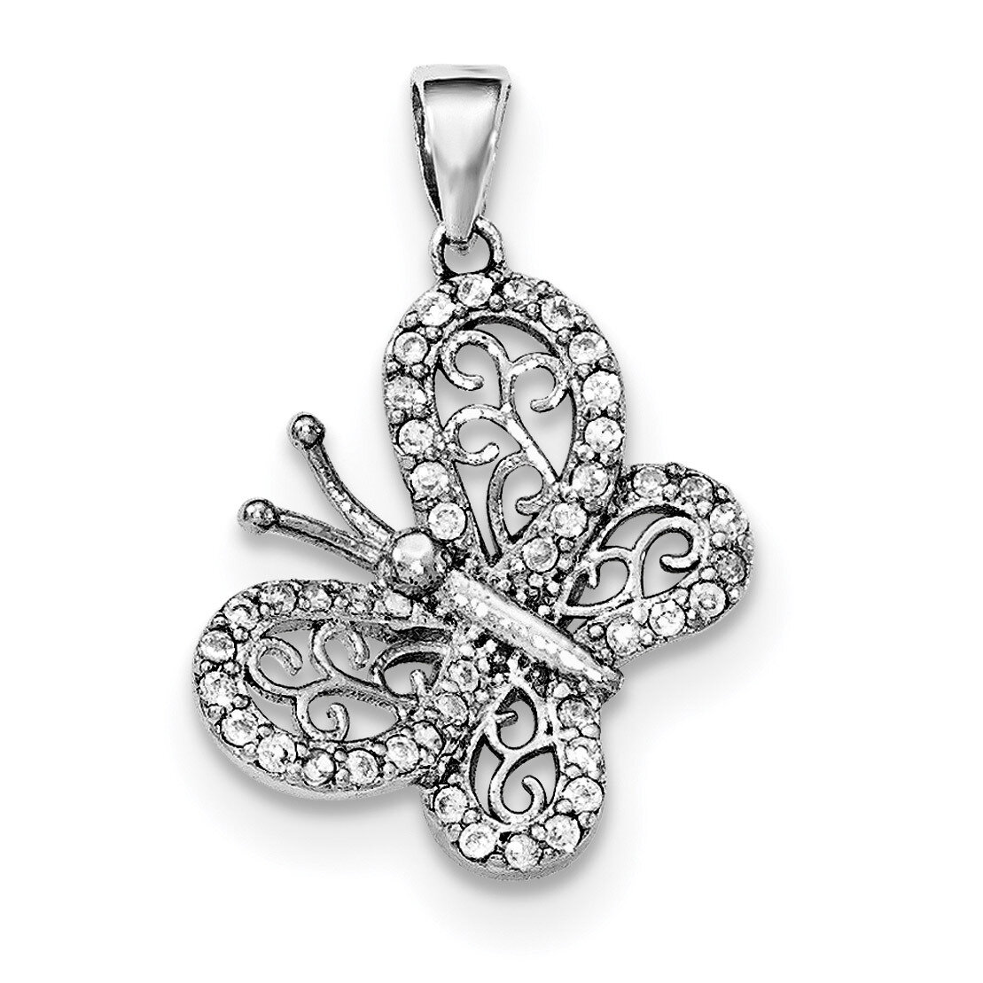 CZ Diamond Butterfly Pendant Sterling Silver Rhodium-plated Polished QC8585