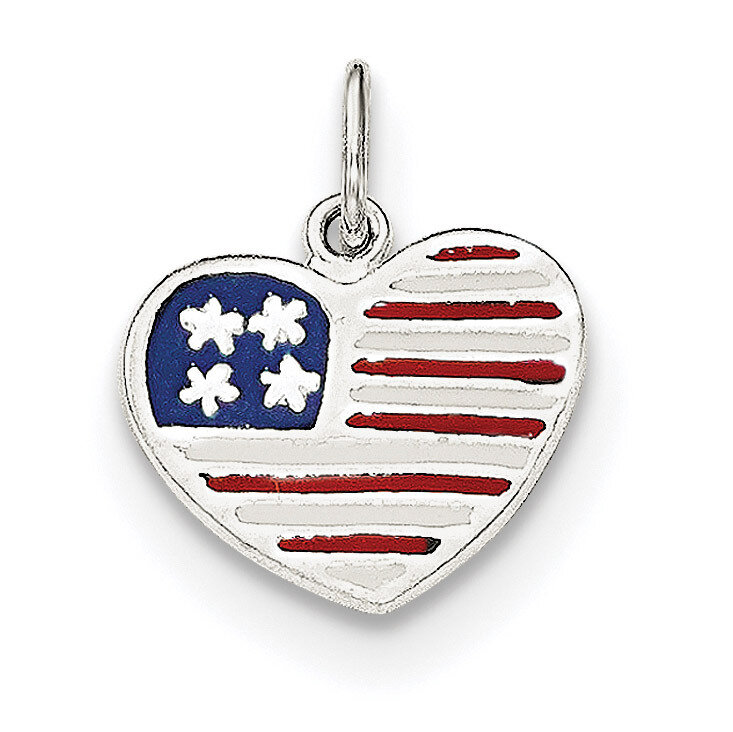 Enamel American Flag Heart Pendant Sterling Silver Polished QC8638