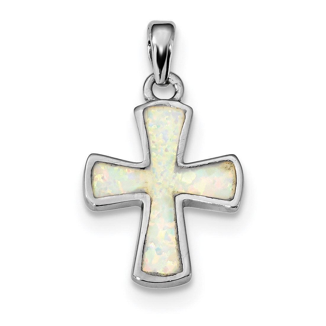 White Created Opal Cross Pendant Sterling Silver Rhodium-plated QC9036