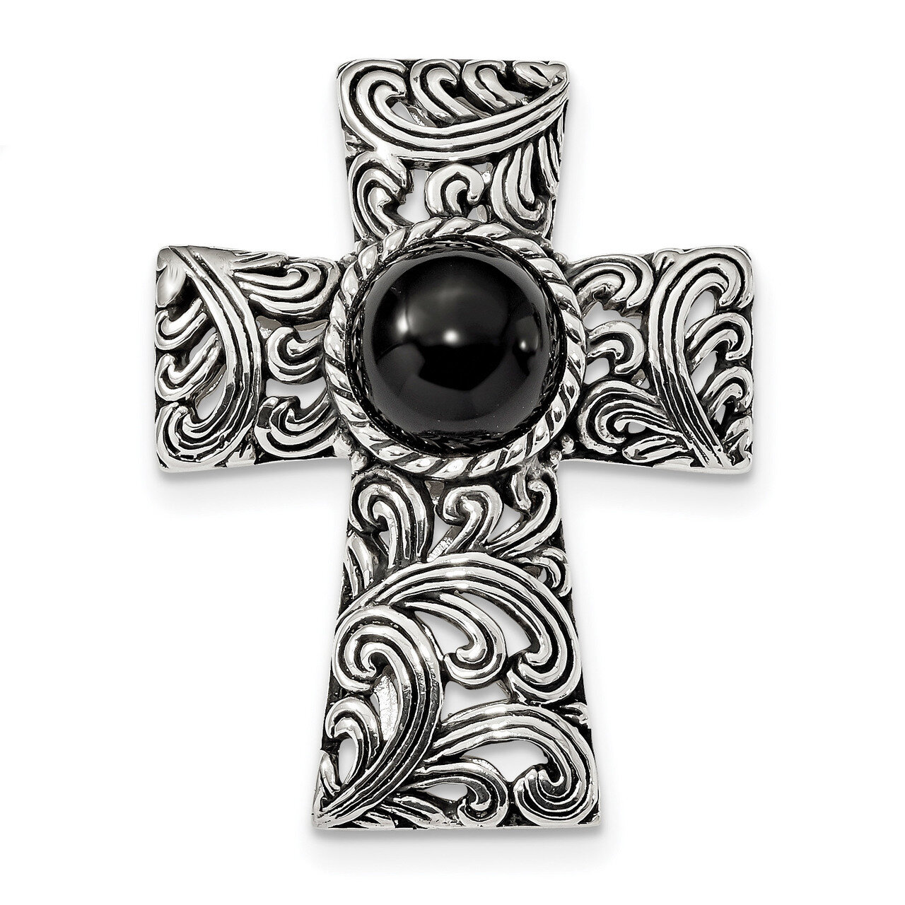 Filigree Black Onyx Cabochon Slide Sterling Silver Antiqued QC9043, MPN: QC9043, 883957328362