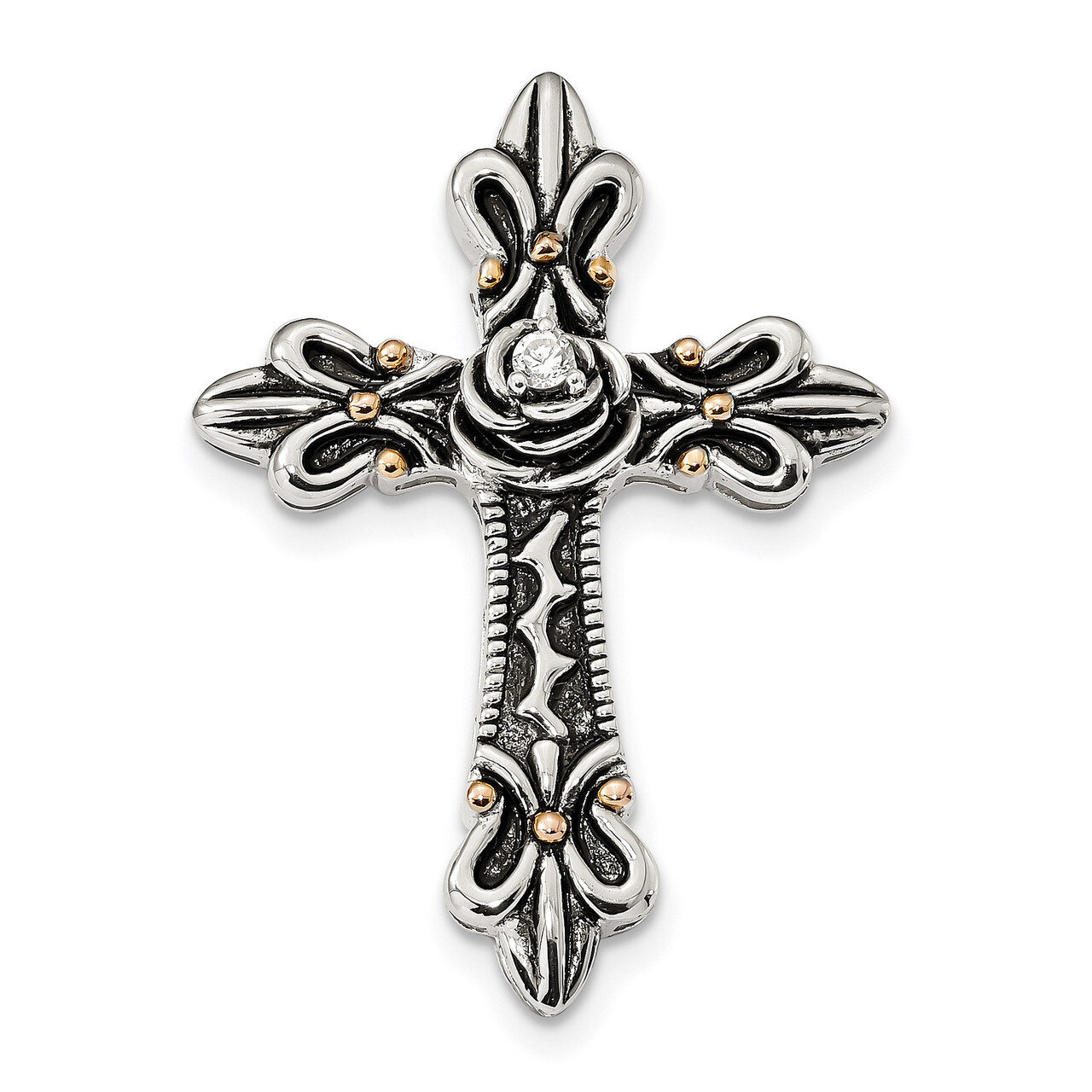 CZ Diamond Antiqued Cross Slide Sterling Silver Gold-plated QC9077, MPN: QC9077, 883957733784