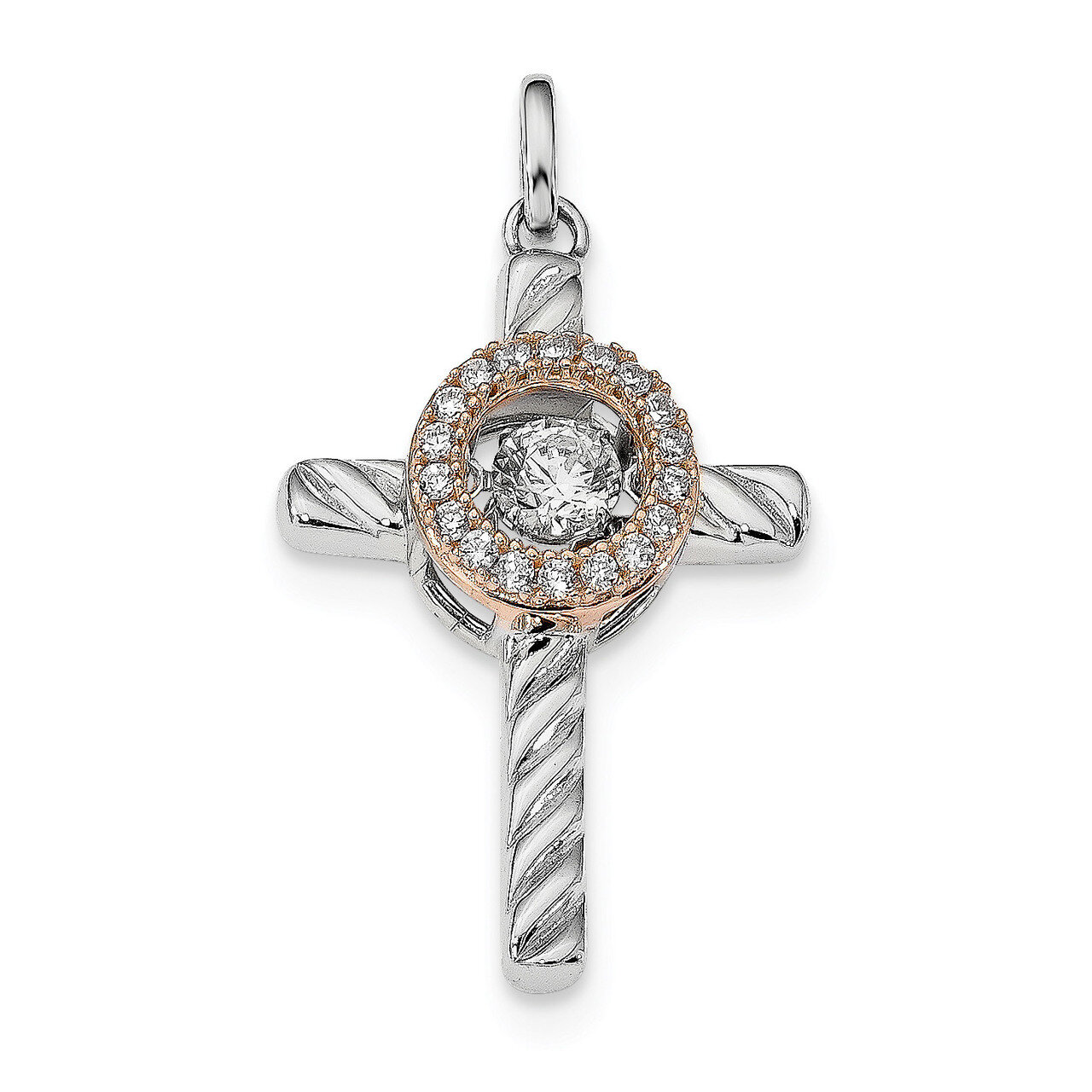 Rose &amp; Gold-tone Vibrant Swar Zircon Cross Pendant Sterling Silver Platinum-plated QC9083, MPN: QC9…