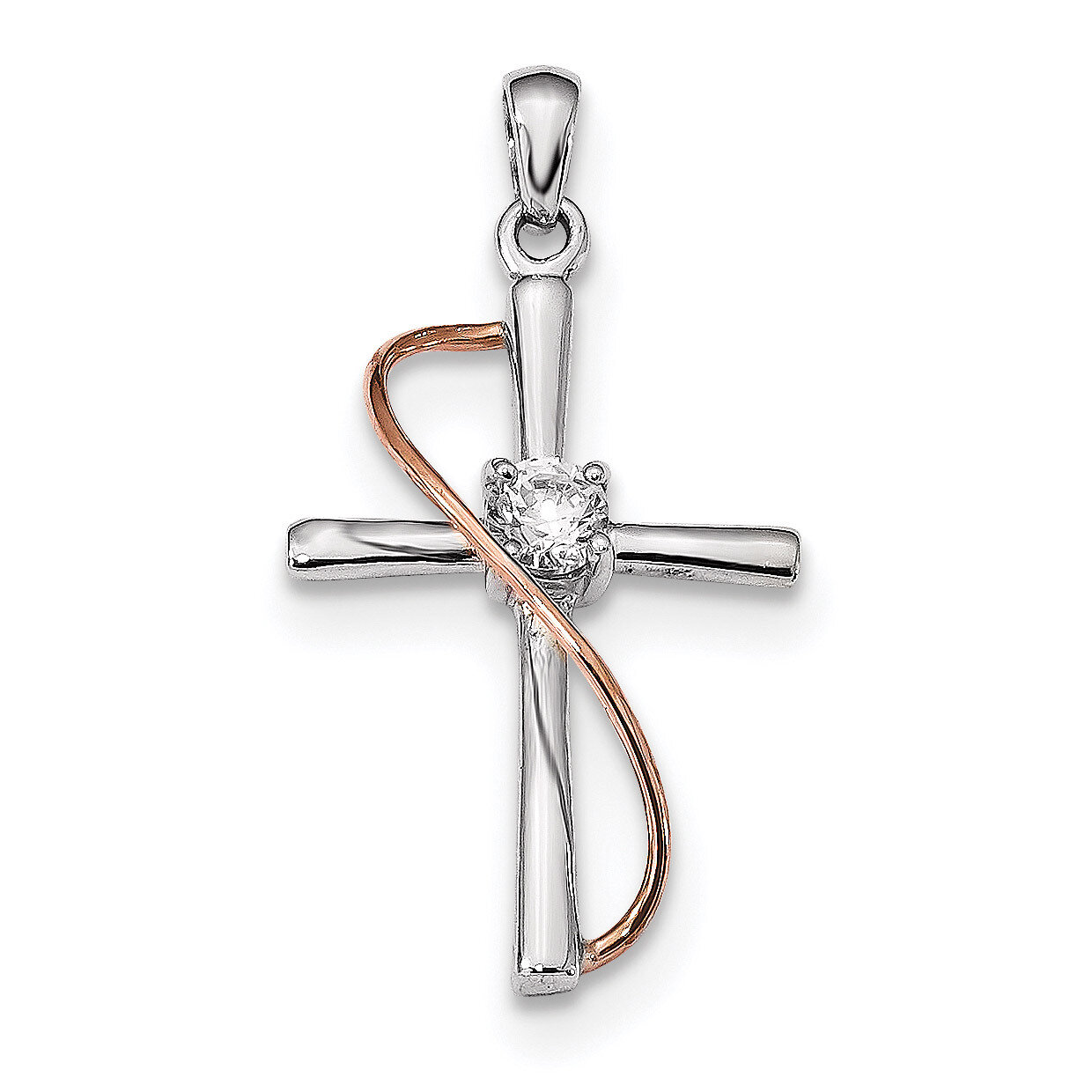 Rose-tone Polished CZ Diamond Cross Pendant Sterling Silver Rhodium QC9088, MPN: QC9088, 8839579669…