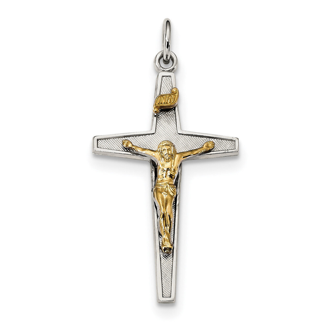 Polished and Textured INRI Crucifix Pendant Sterling Silver &amp; Gold-plated QC9099, MPN: QC9099, 8839…