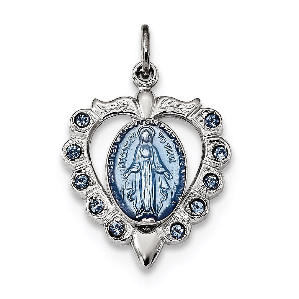 Epoxy &amp; Crystal Miraculous Medal Heart Pendant Sterling Silver QC9115
