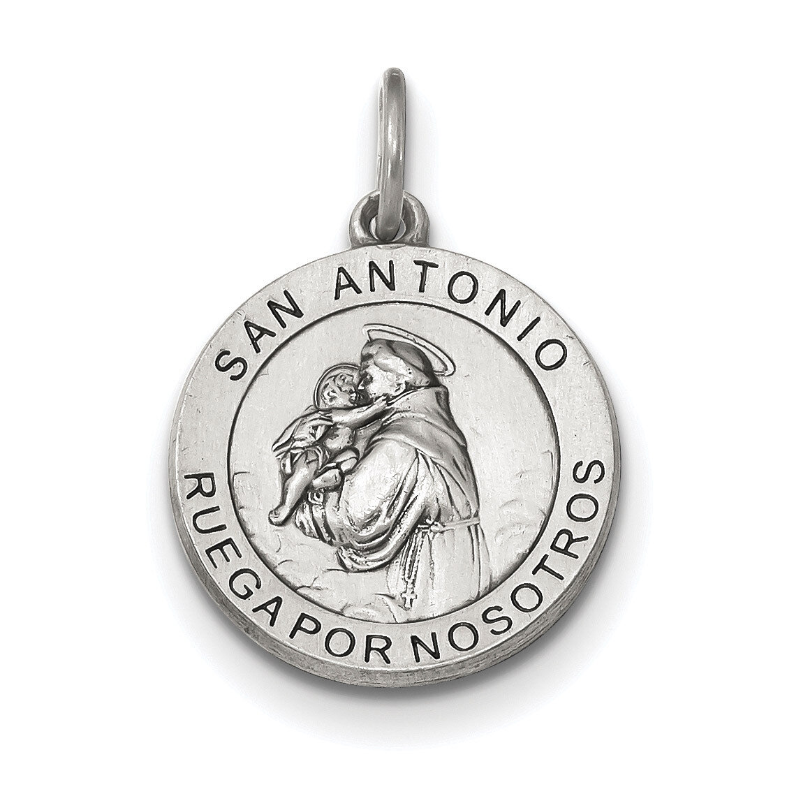 Antiqued Spanish Saint Anthony Medal Pendant Sterling Silver Satin QC9129