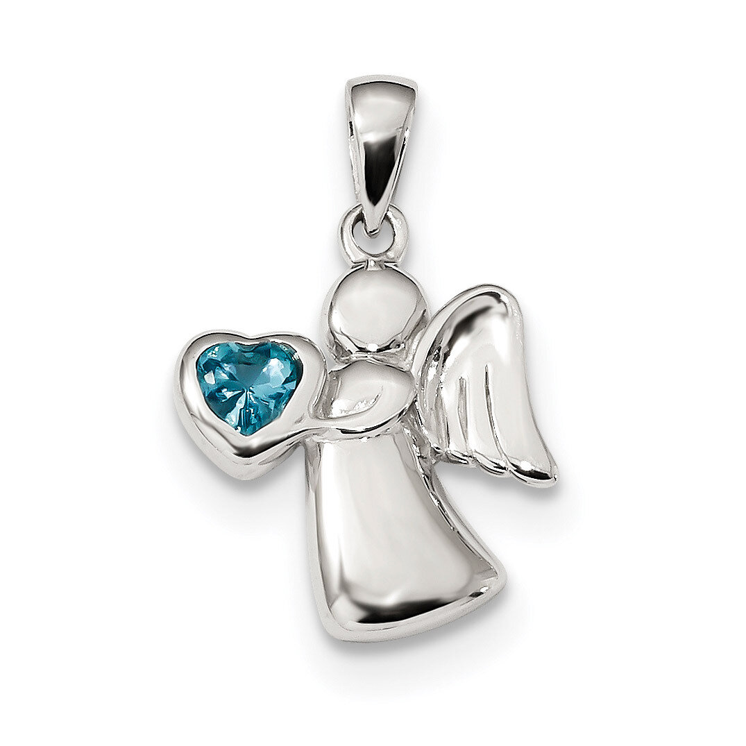 Angel with Light Blue CZ Diamond Heart Pendant Sterling Silver QC9147