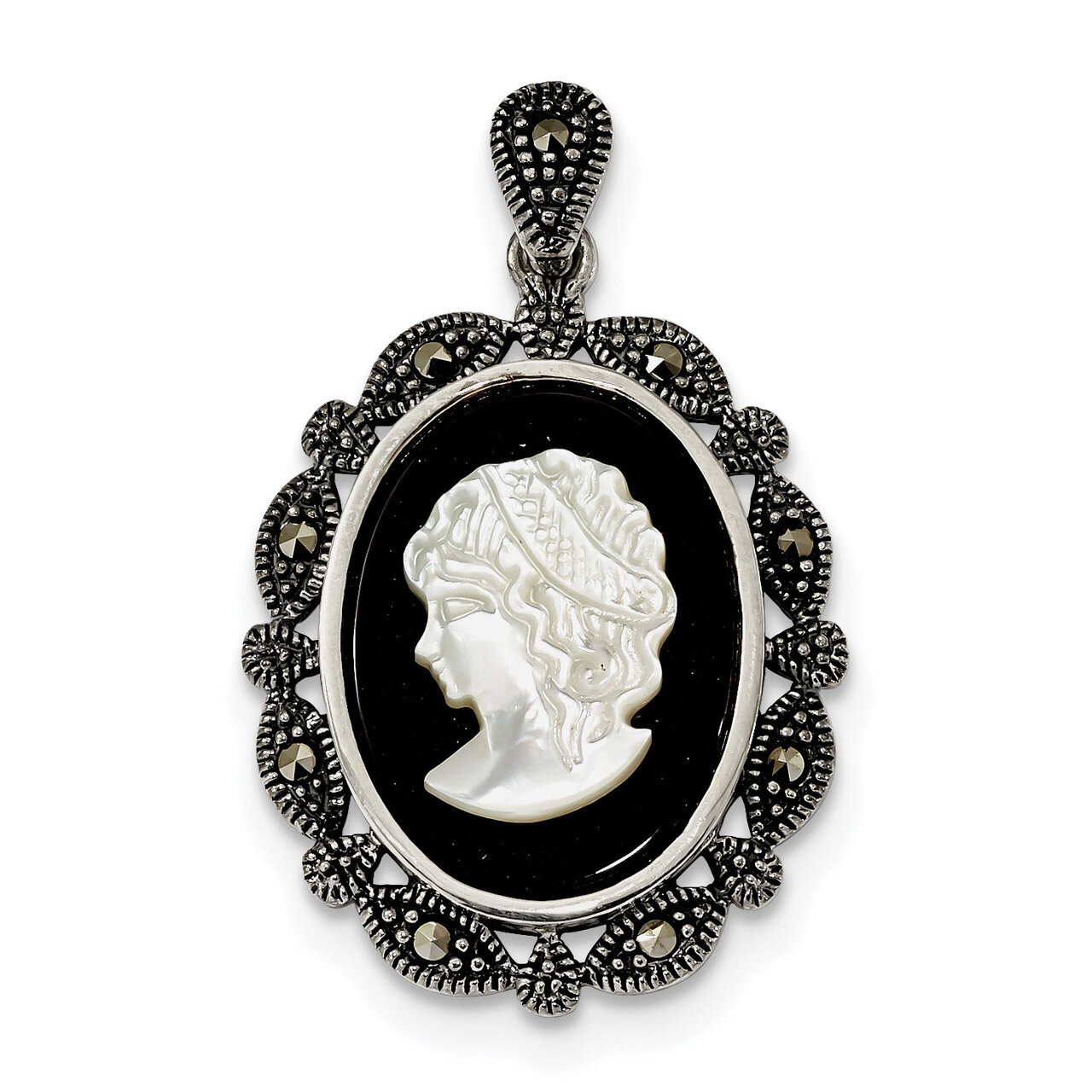 Marcasite Black Agate & Mother of Pearl White Cameo Pendant Sterling Silver Antiqued QC9200