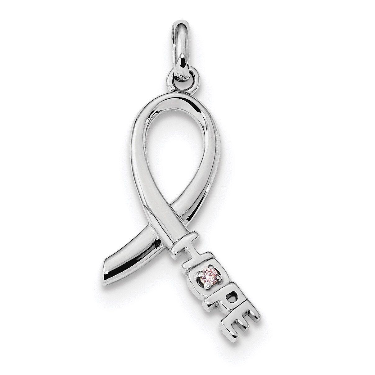 Pink CZ Diamond Hope Awareness Ribbon Pendant Sterling Silver Rhodium-plated QC9221, MPN: QC9221, 1…
