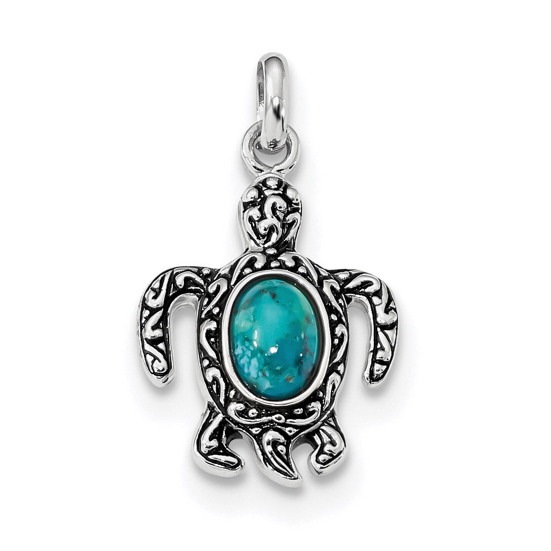 Sterling Silver Rhodium/Oxidized Reconstituted Turquoise Turtle Pendant Sterling Silver Rhodium QC9279